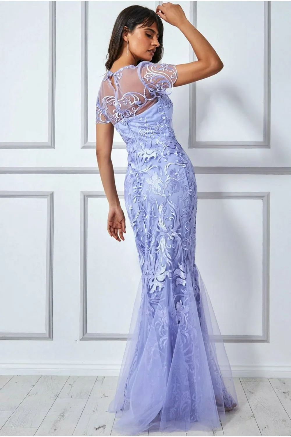 Goddiva Mesh Lace Abito Maxi Lilla Orlo Smerlato