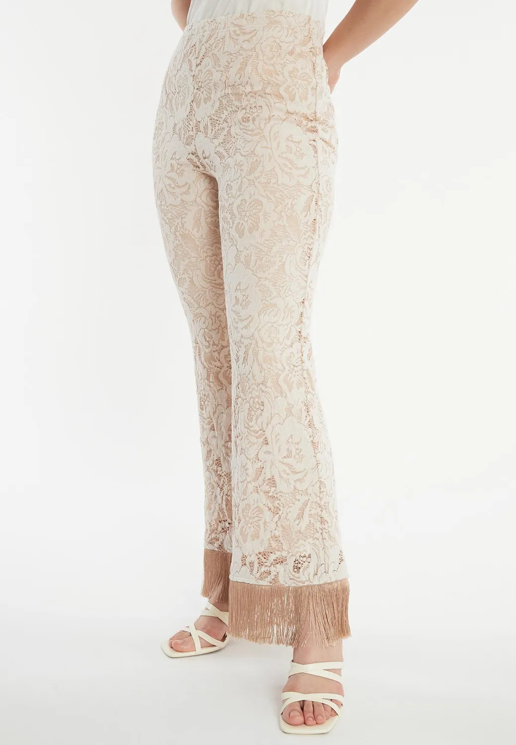 Ana Alcazar Zakira Pantaloni Pizzo Beige Zampa Frange
