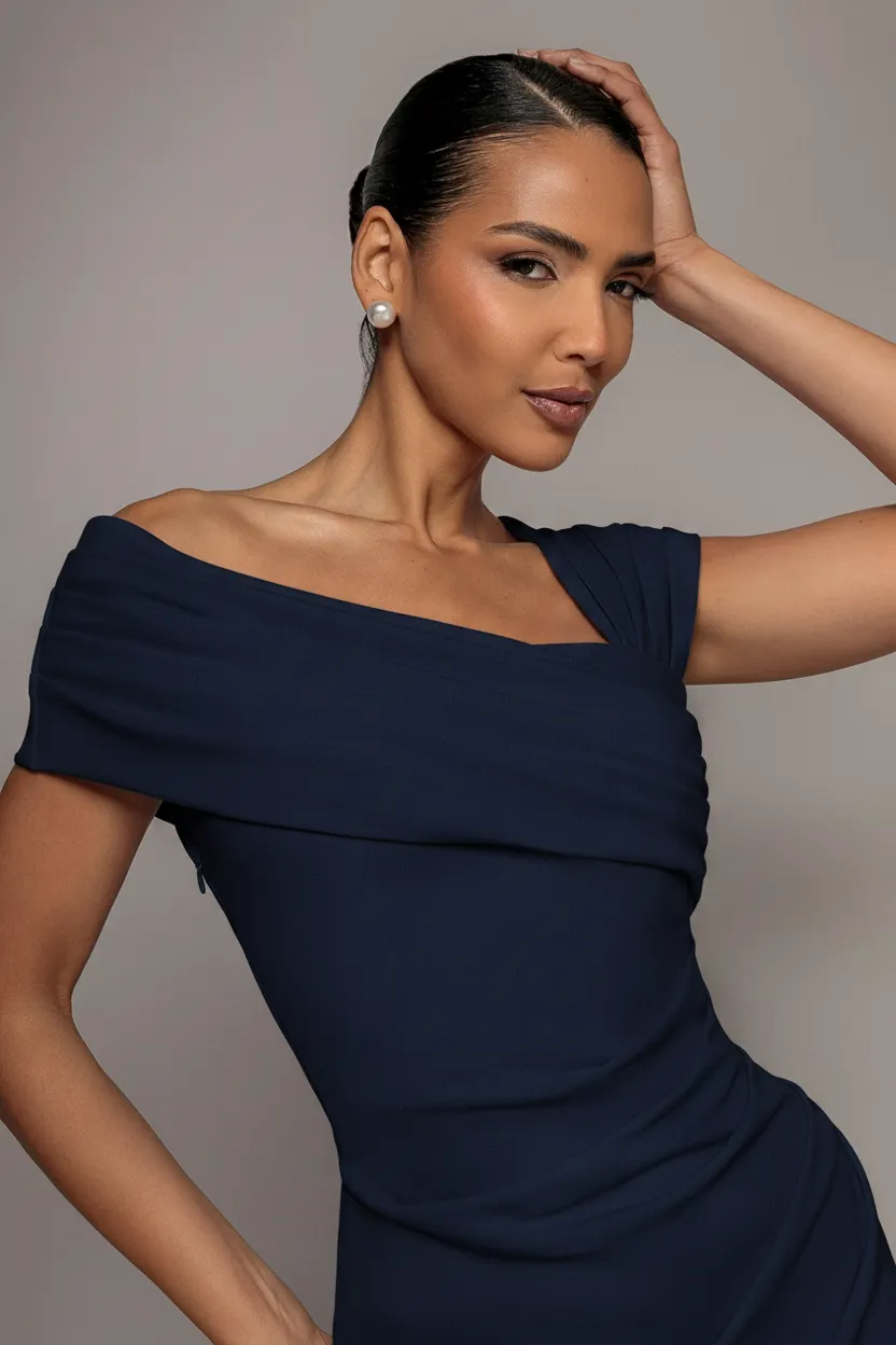 Goddiva One Shoulder abito maxi navy monospalla