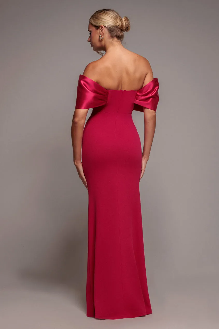 Goddiva Twist Knot Abito Maxi Magenta Bardot Satin