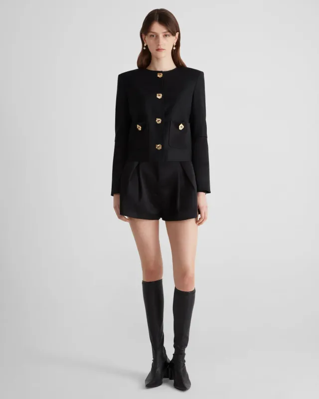 Violante Nessi Kelly giacca nera lana crepe cady bottoni oro
