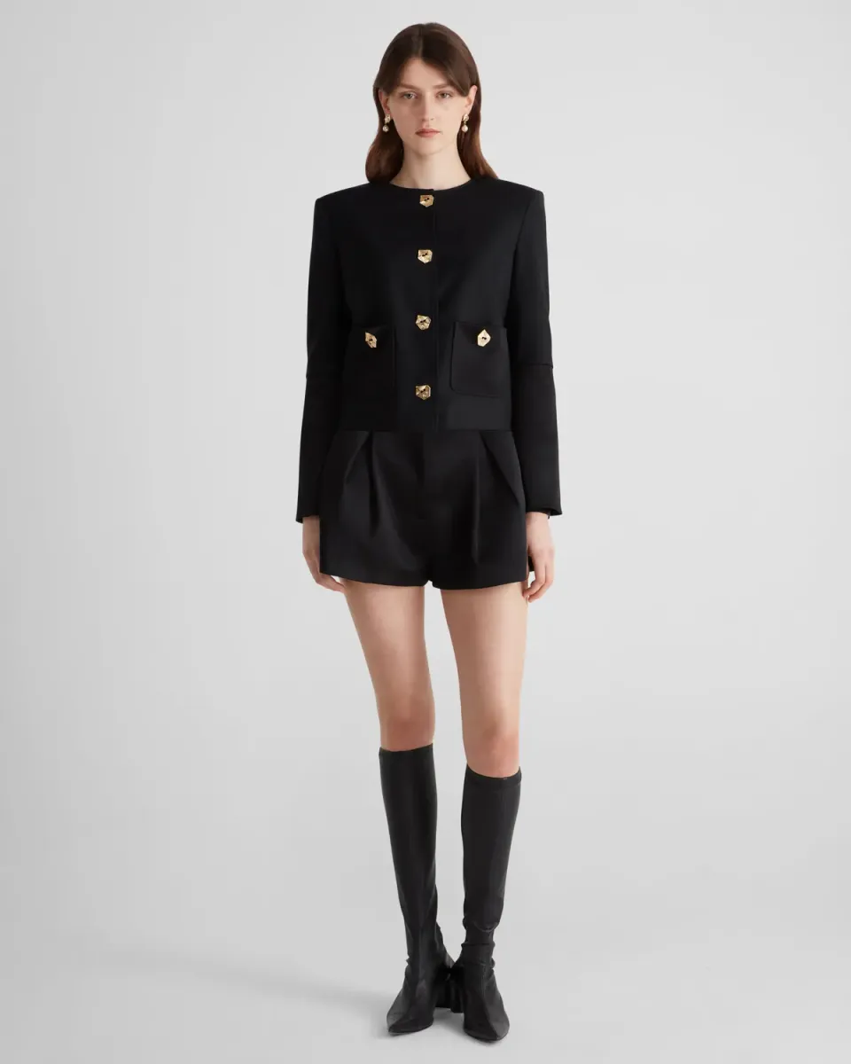 Violante Nessi Kelly giacca nera lana crepe cady bottoni oro