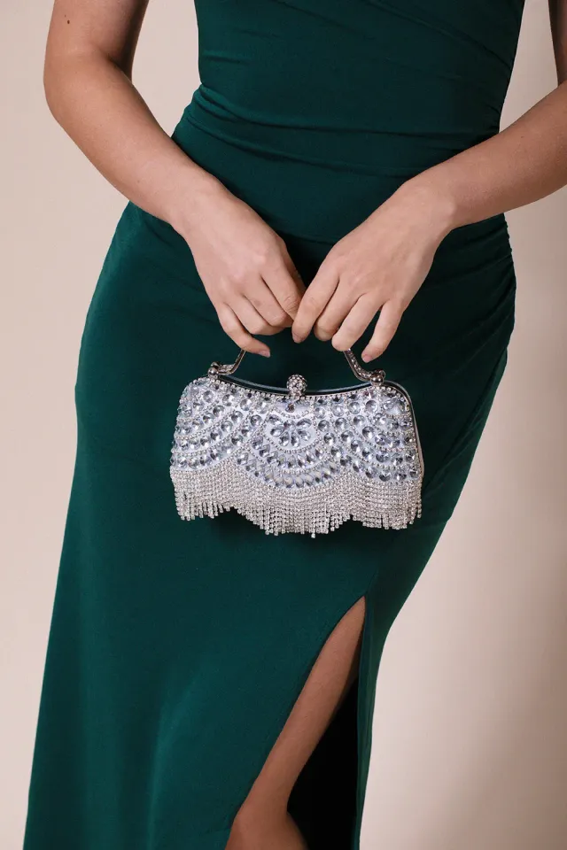 SVNX Fringe Clutch pochette argento con frange e catena