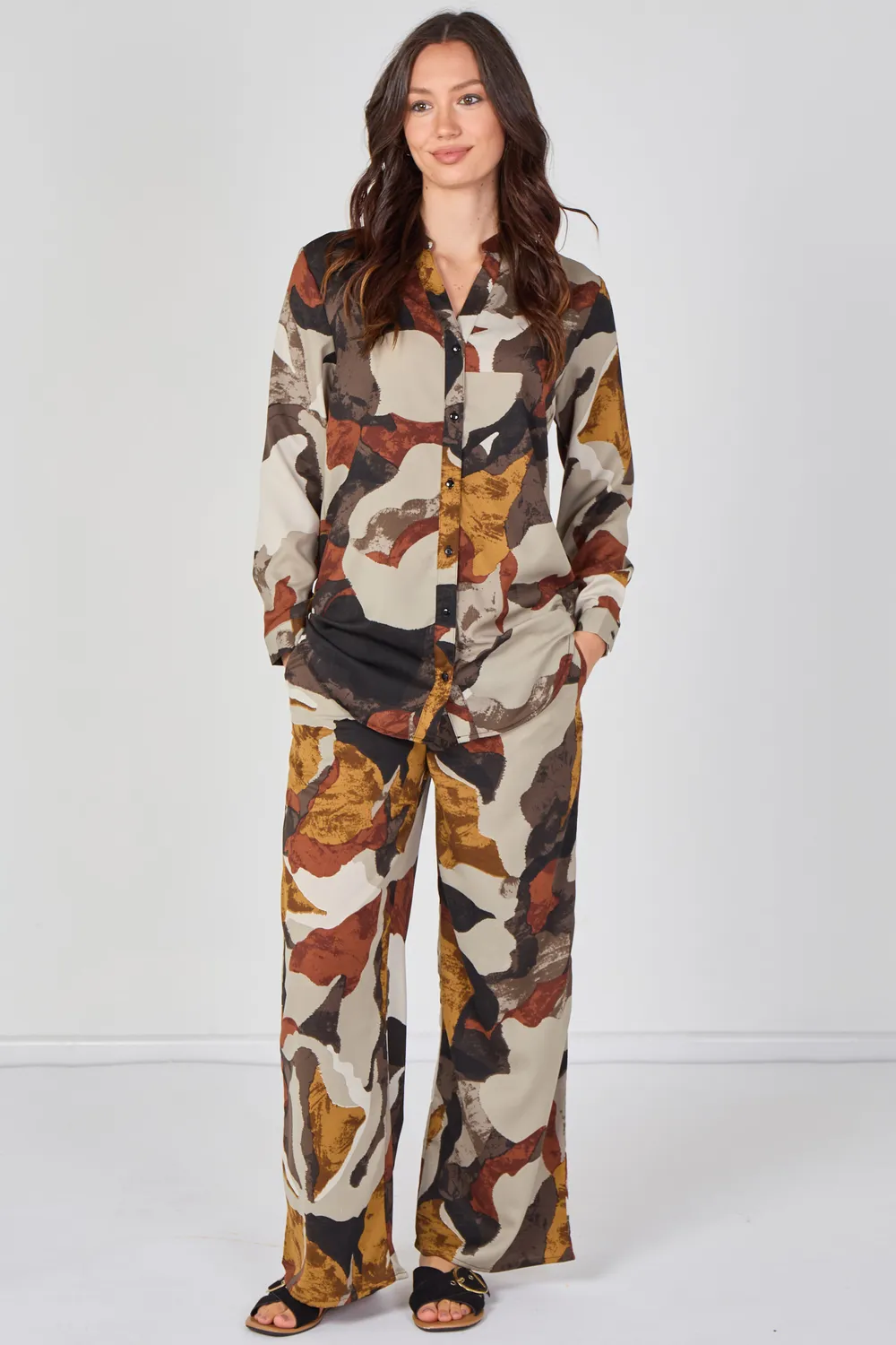 Love Sunshine set camicia pantalone tortora fantasia