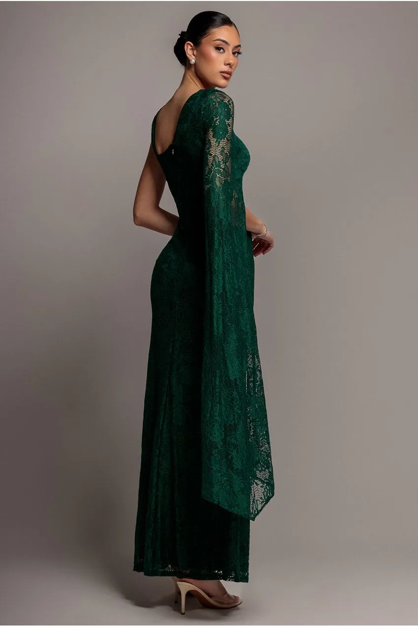 Goddiva One Shoulder Abito Pizzo Verde Smeraldo Mantella