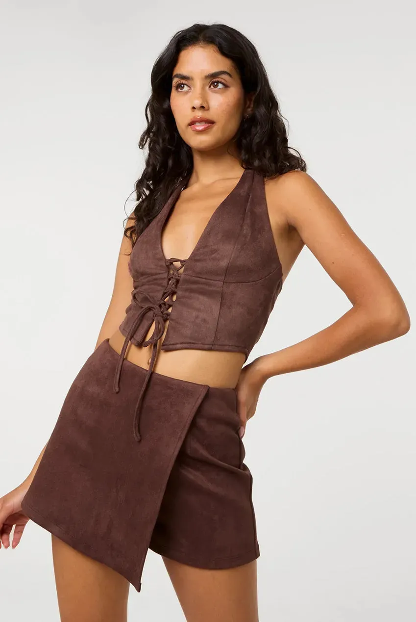 Pink Vanilla Suedette Lace top cioccolato halter taglia S