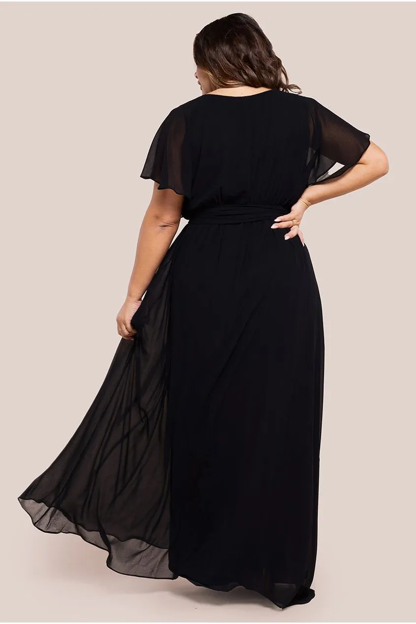 Goddiva Plus Flutter Sleeve Wrap abito maxi nero
