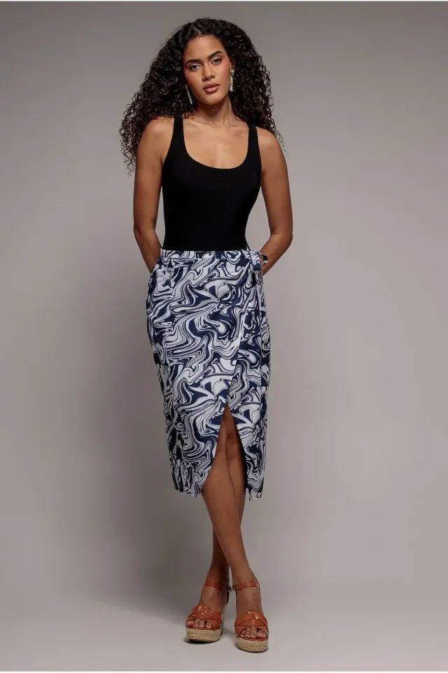 Goddiva gonna wrap midi blu navy stampata