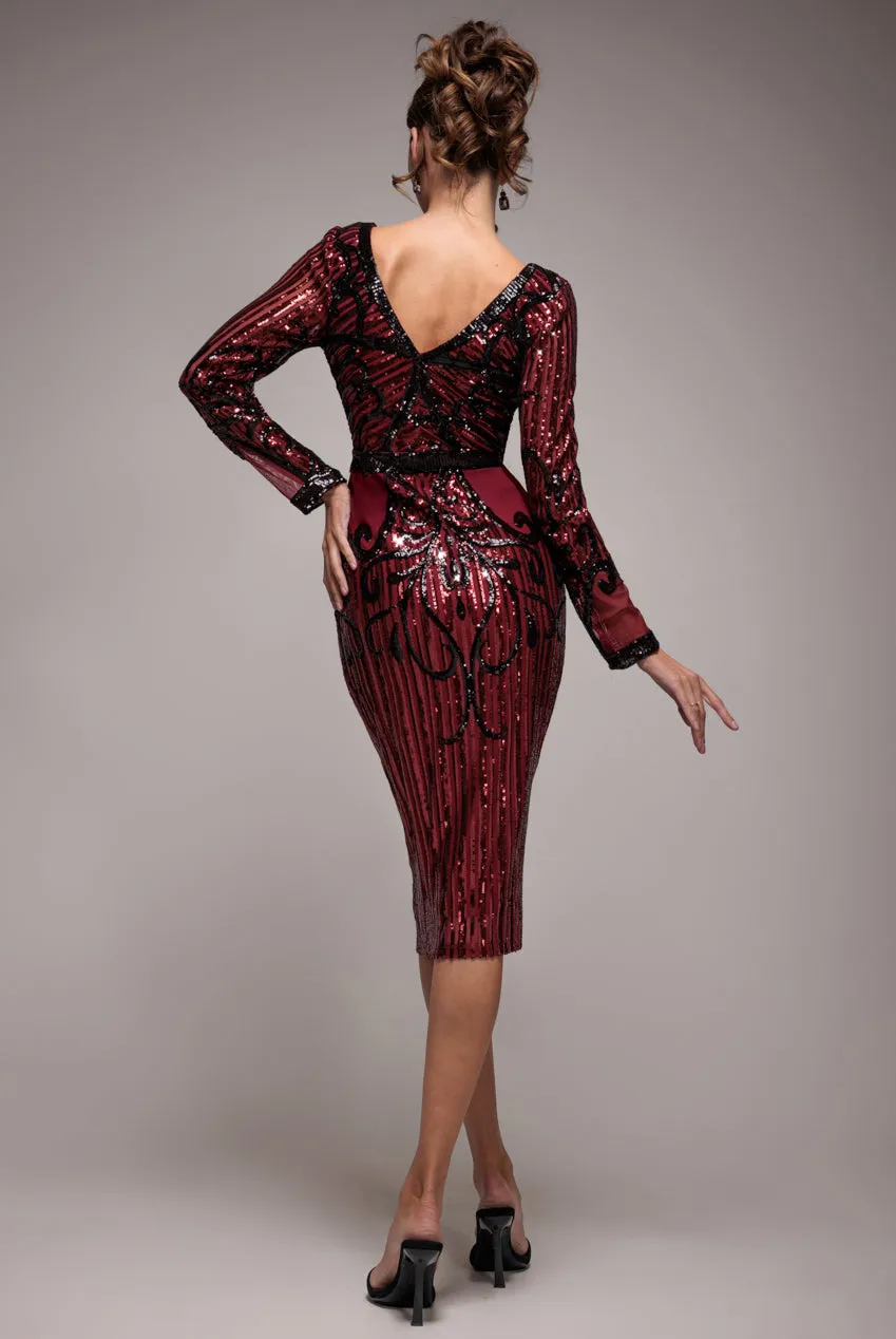Goddiva DR3235 Abito Midi Vino Pizzo Bodycon Maniche Lunghe
