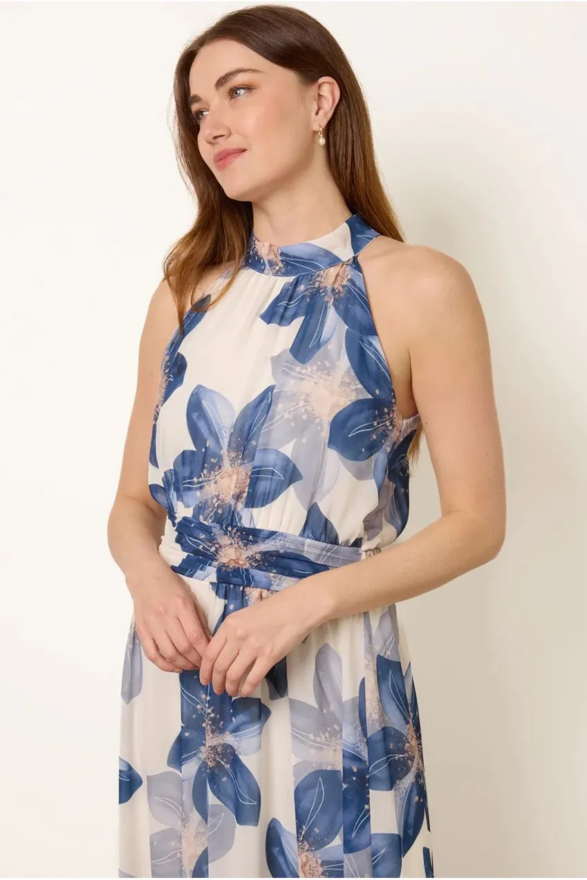 Blue Vanilla Floral Abito Maxi Navy Halter Floreale