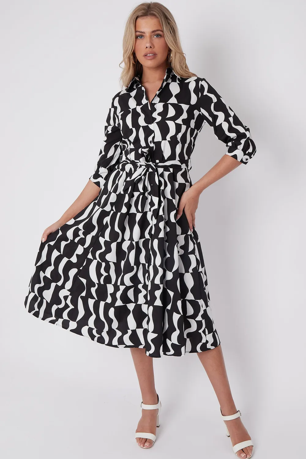 Love Sunshine Mono abito camicia midi nero geometrico