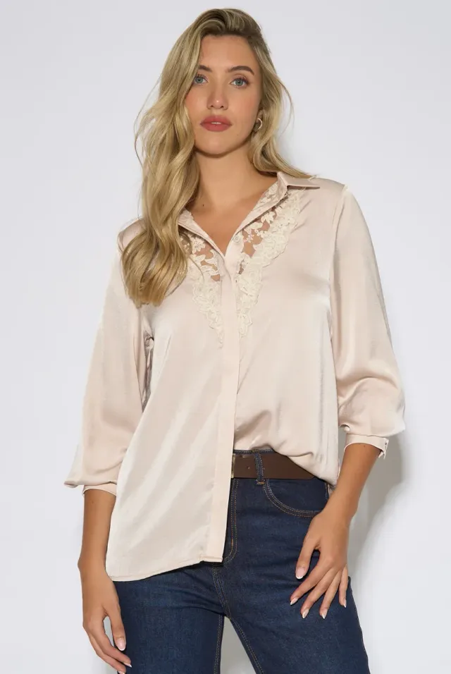 Gini London camicia champagne maniche lunghe pizzo