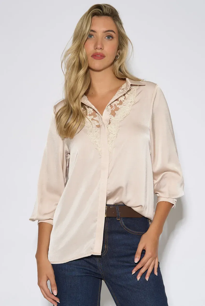 Gini London camicia champagne maniche lunghe pizzo