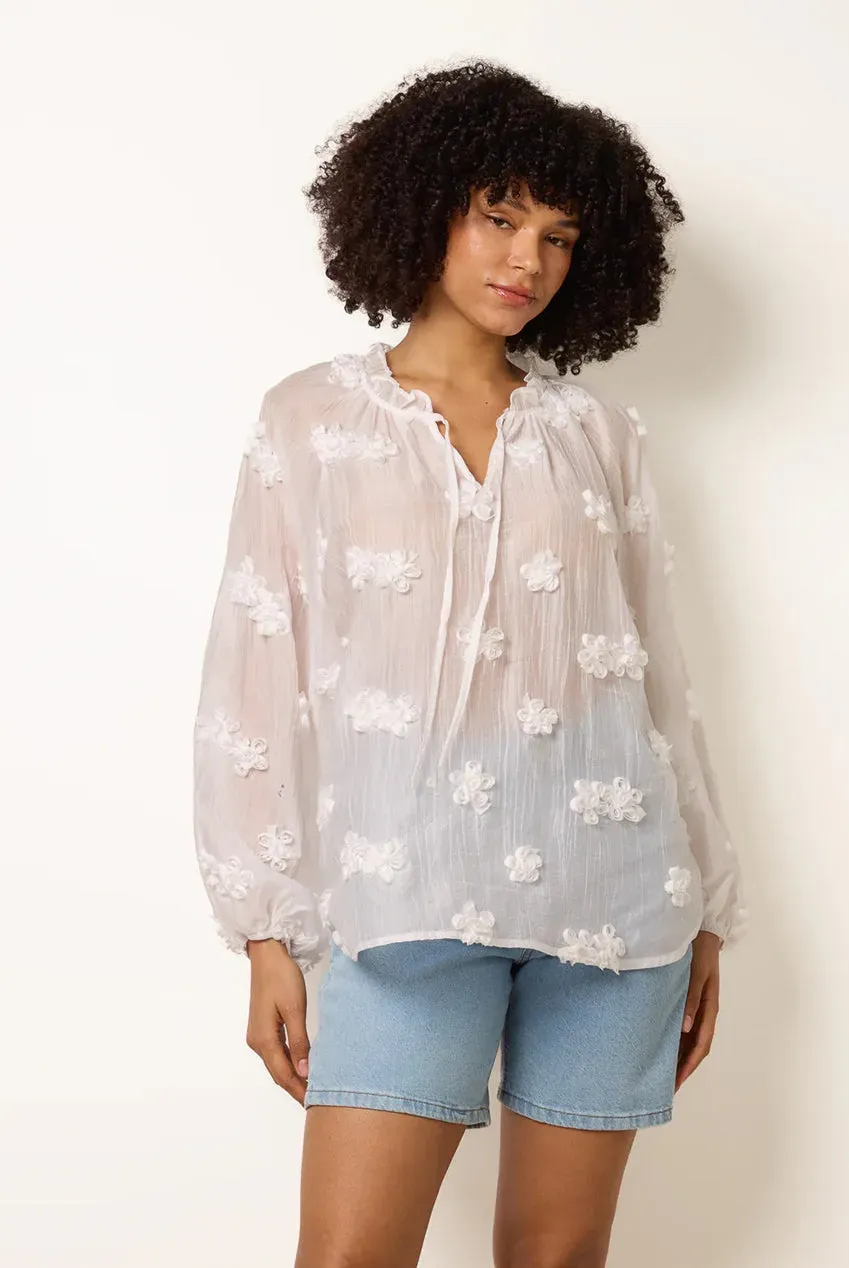 Blue Vanilla Floral Embroidery blusa avorio cotone