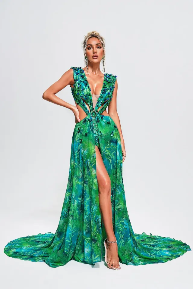 Bella Barnett Yoland abito maxi verde stampa floreale