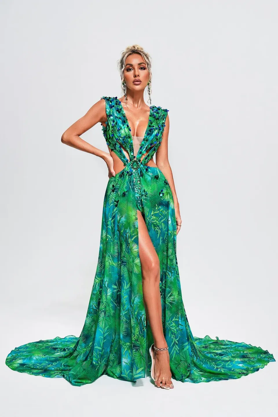 Bella Barnett Yoland abito maxi verde stampa floreale