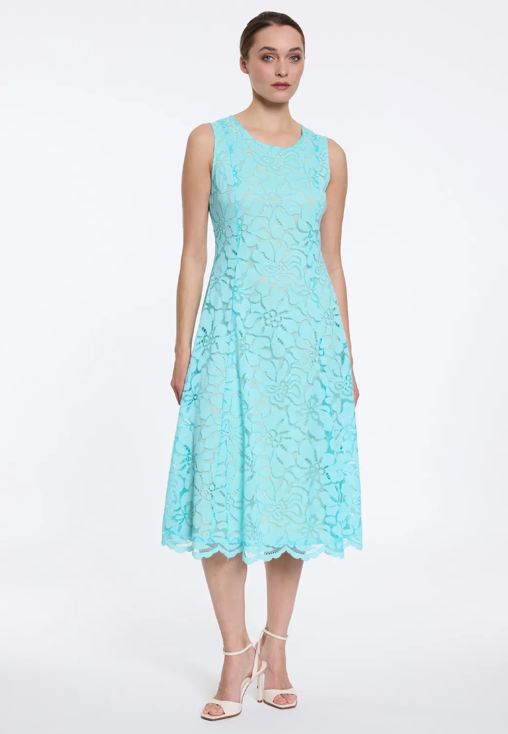 Ana Alcazar Duwin abito pizzo midi turchese