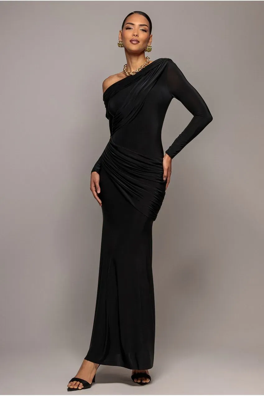 Goddiva Abito Maxi Nero Off Shoulder Soft Touch Taglia 12