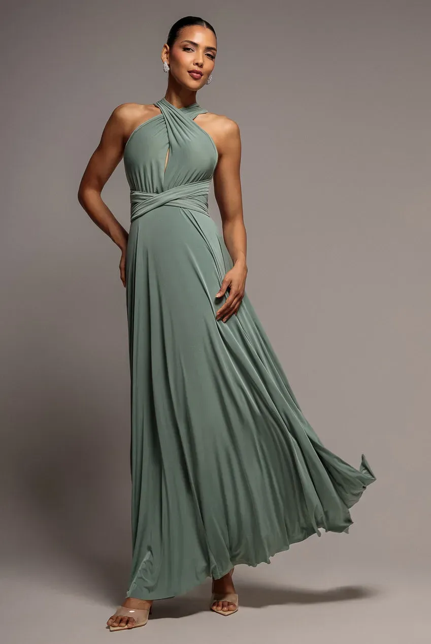 Goddiva Multiway Tie-Up abito lungo verde salvia maxi