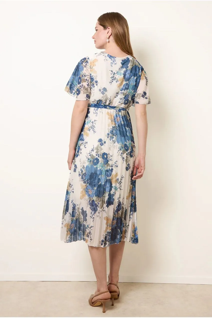 Blue Vanilla Crossover Print vestito plisse navy midi chiffon
