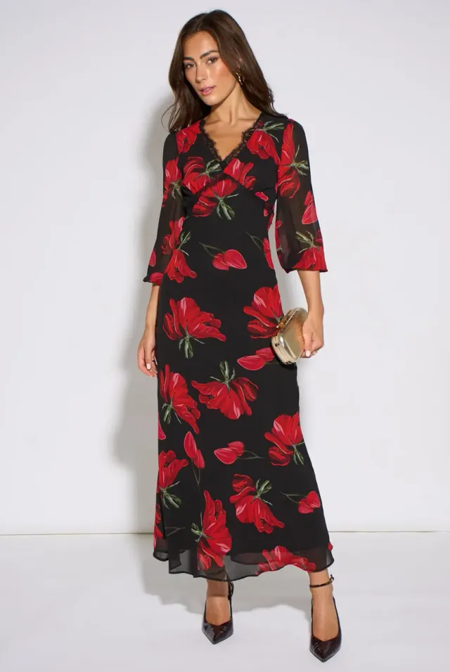 Gini London Bloom abito midi nero fiori rossi pizzo
