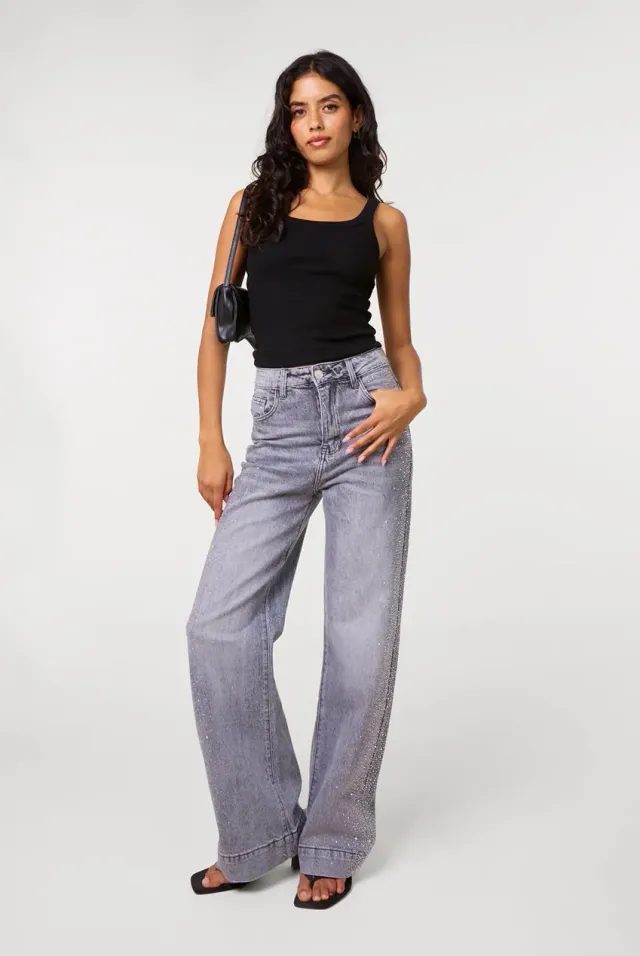Pink Vanilla Diamante Side jeans grigi wide leg strass