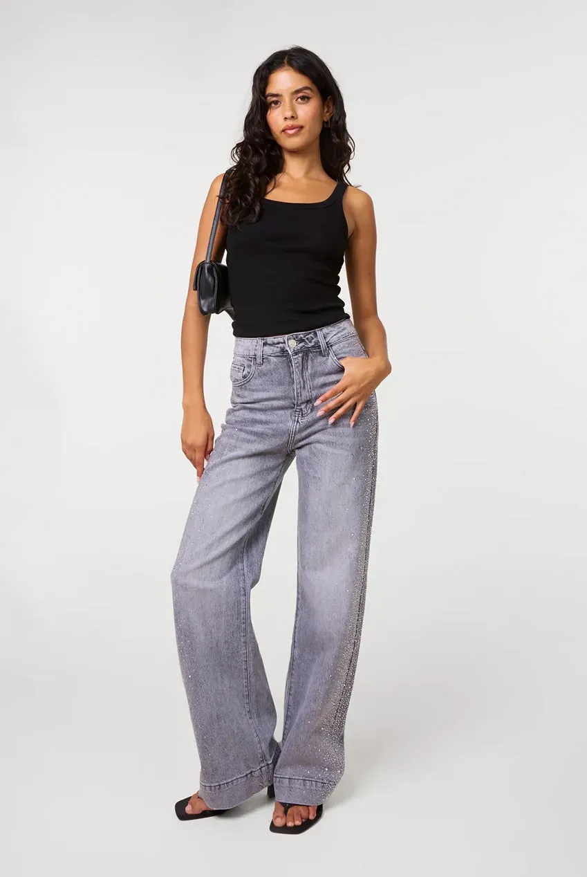 Pink Vanilla Diamante Side jeans grigi wide leg strass