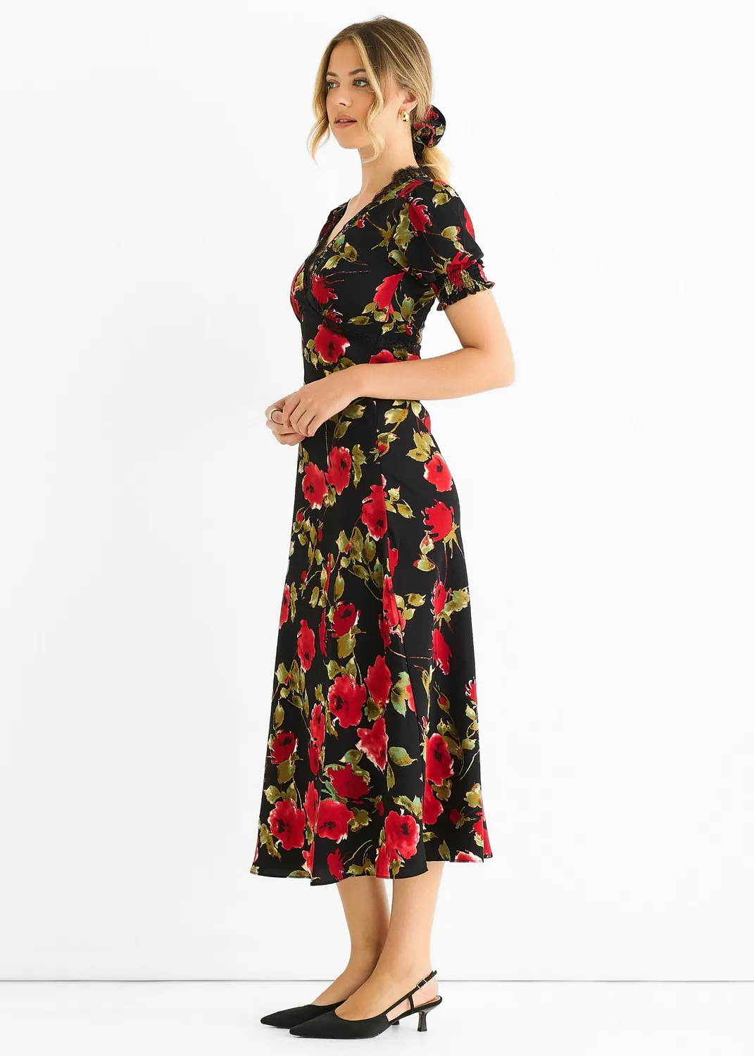 Gini London Floral Lace Trim Abito Midi Nero Pizzo 8-16