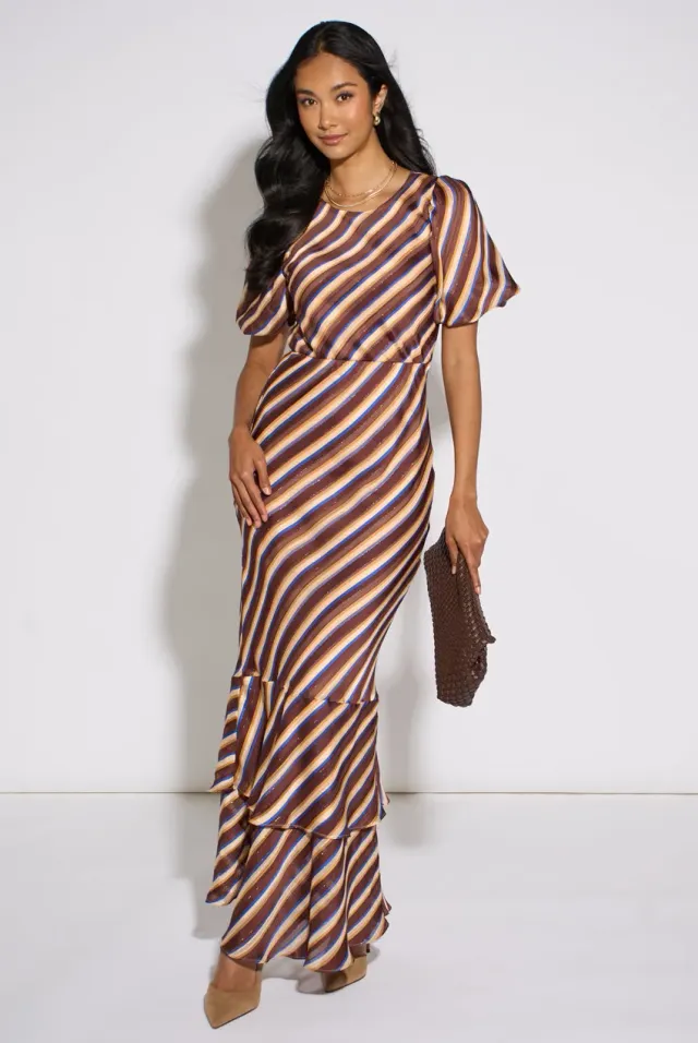 Gini London abito maxi marrone chiffon righe lurex