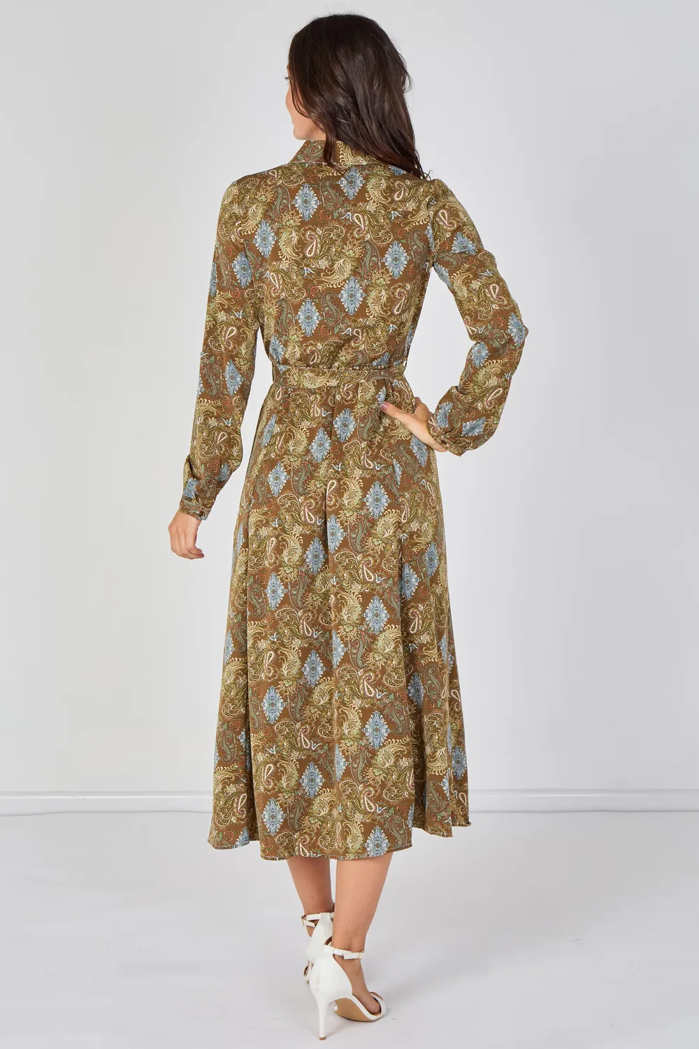Love Sunshine Paisley Meadow camicia maxi kaki cintura fantasia