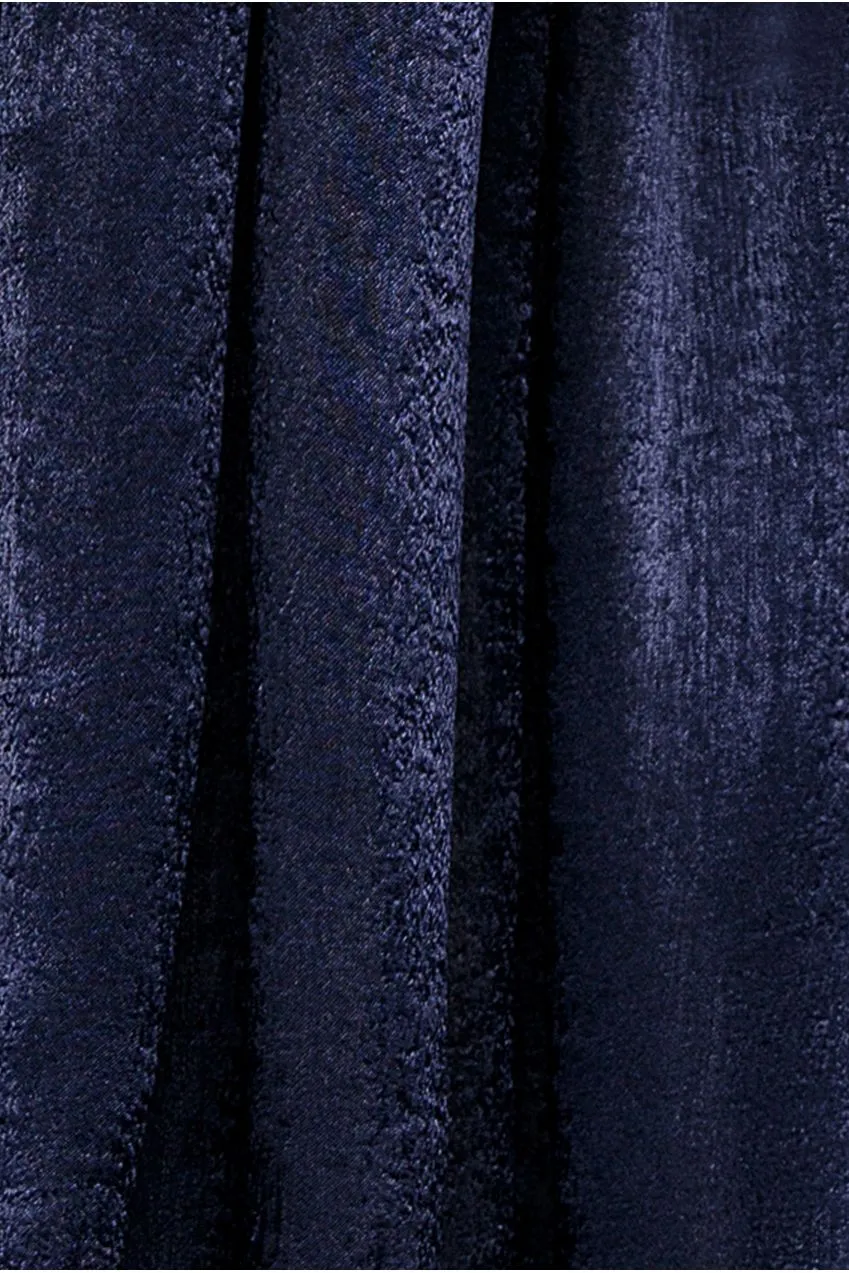 Goddiva Wing Cape abito maxi blu navy satin spalle scoperte