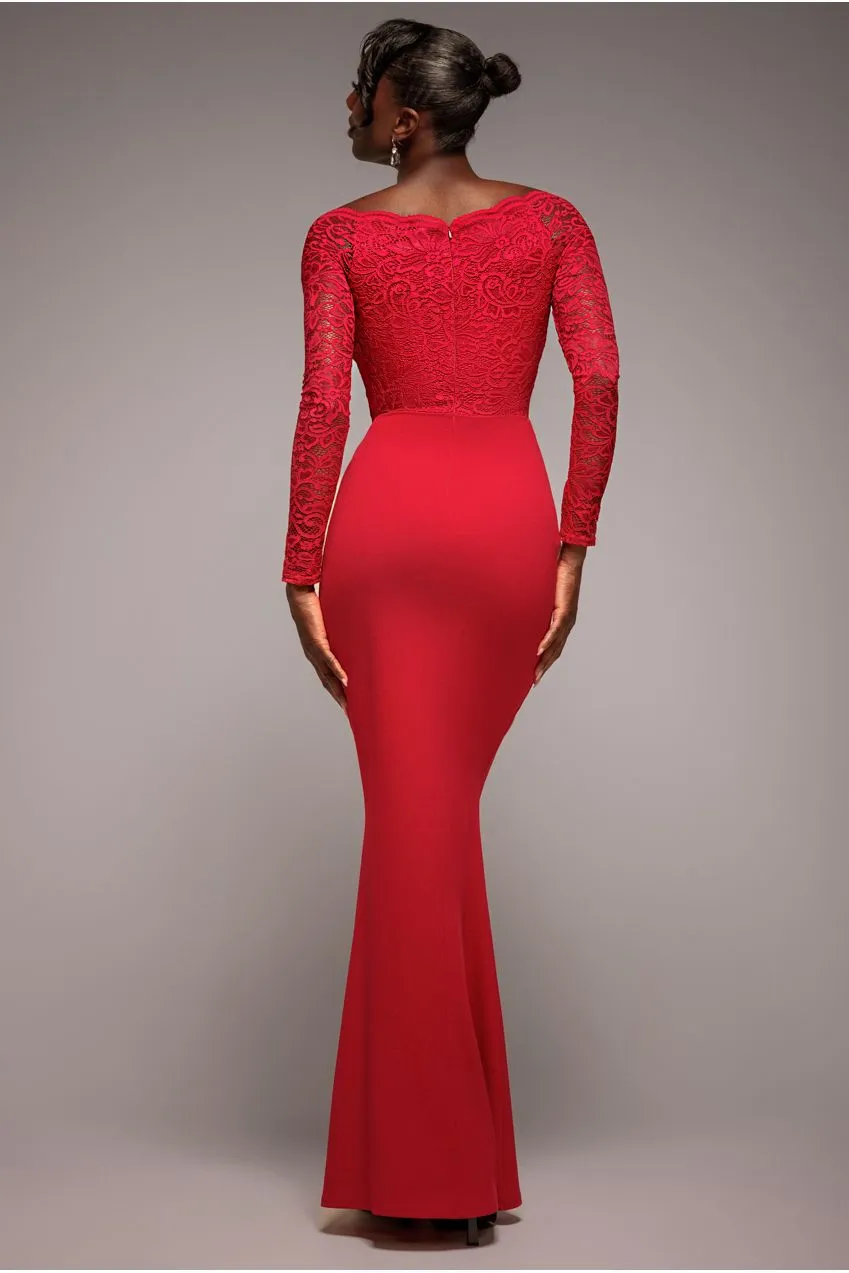 Goddiva Bardot abito maxi pizzo rosso 8 maniche lunghe