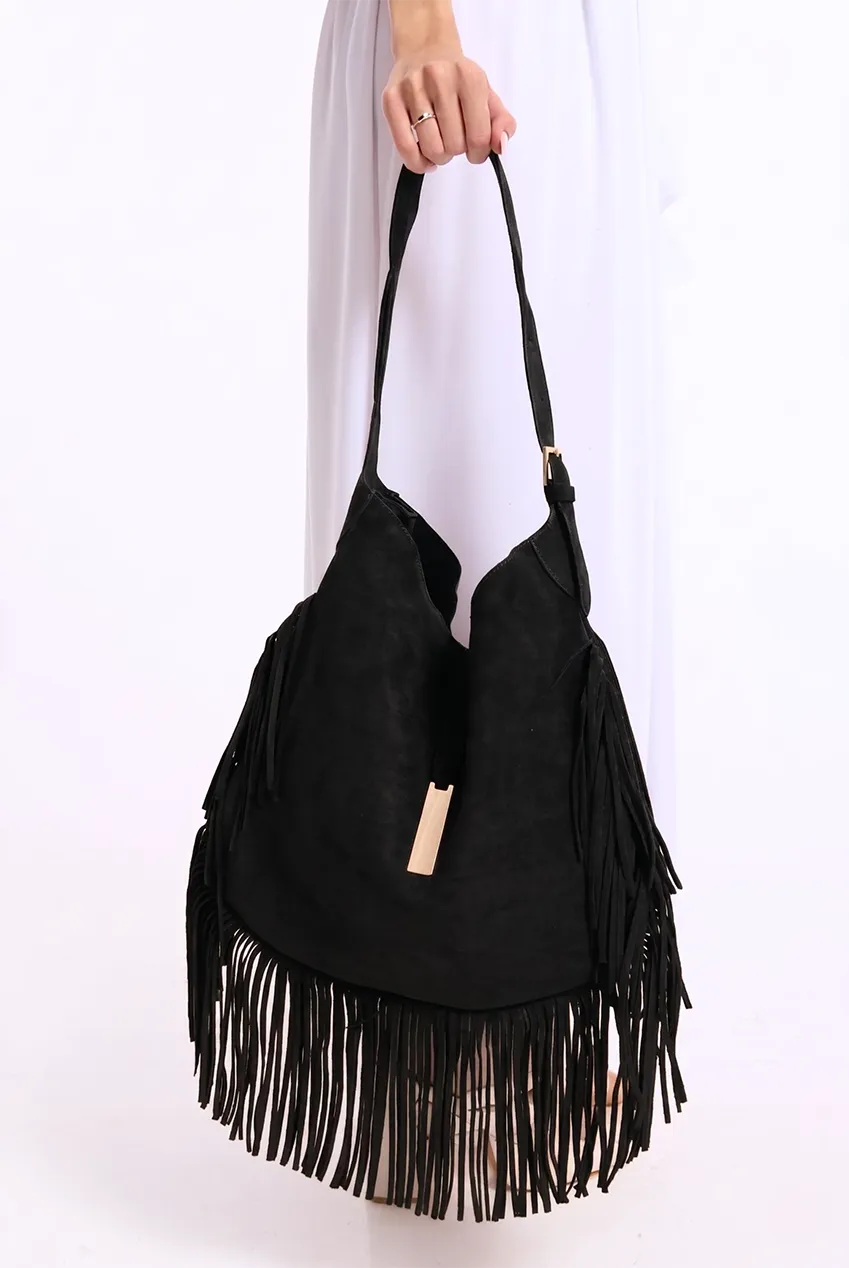 Liquorish Fringe Hobo borsa nera scamosciata con frange
