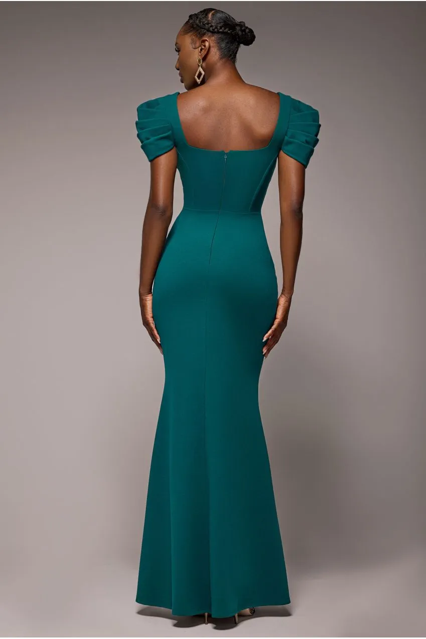 Goddiva Scuba Plunging Neck abito lungo verde smeraldo