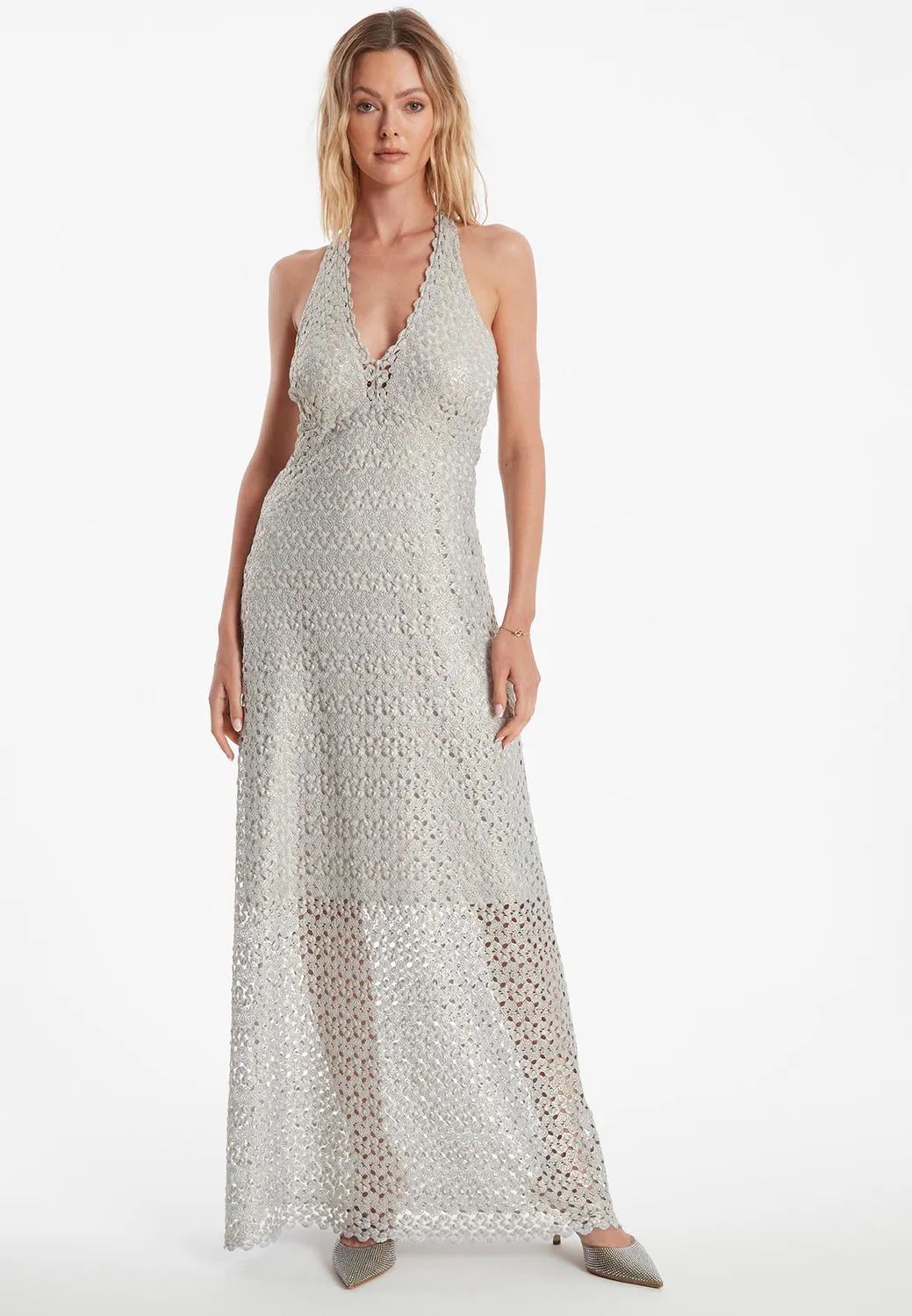 Ana Alcazar Zisora abito maxi halter argento