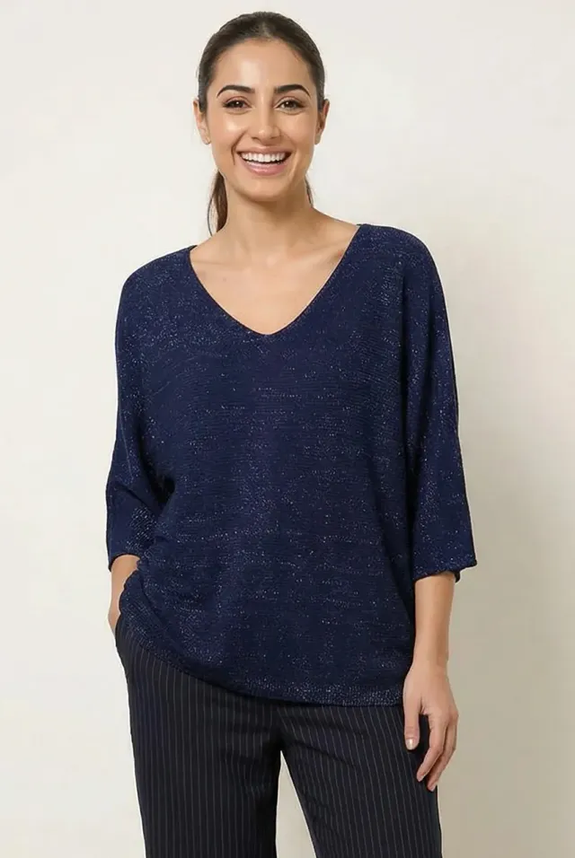 Blue Vanilla Ripple maglia navy scollo V metallizzata