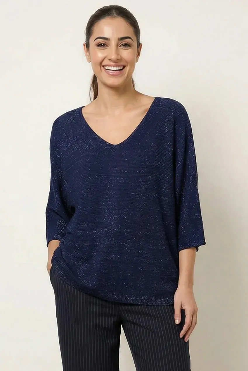 Blue Vanilla Ripple maglia navy scollo V metallizzata