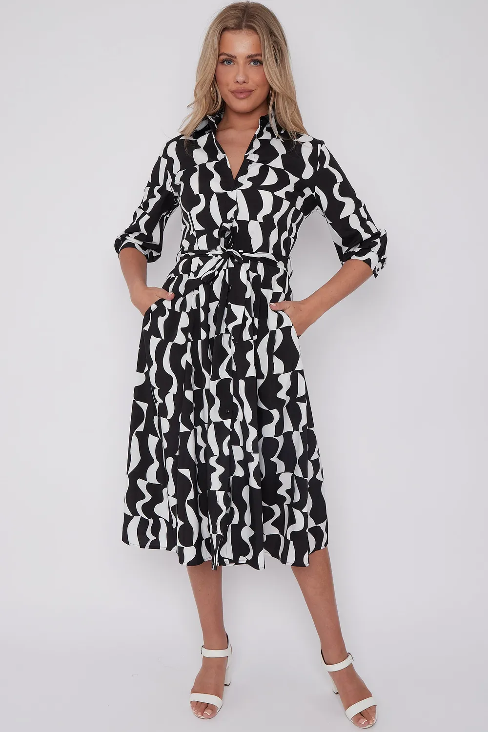 Love Sunshine Mono abito camicia midi nero geometrico
