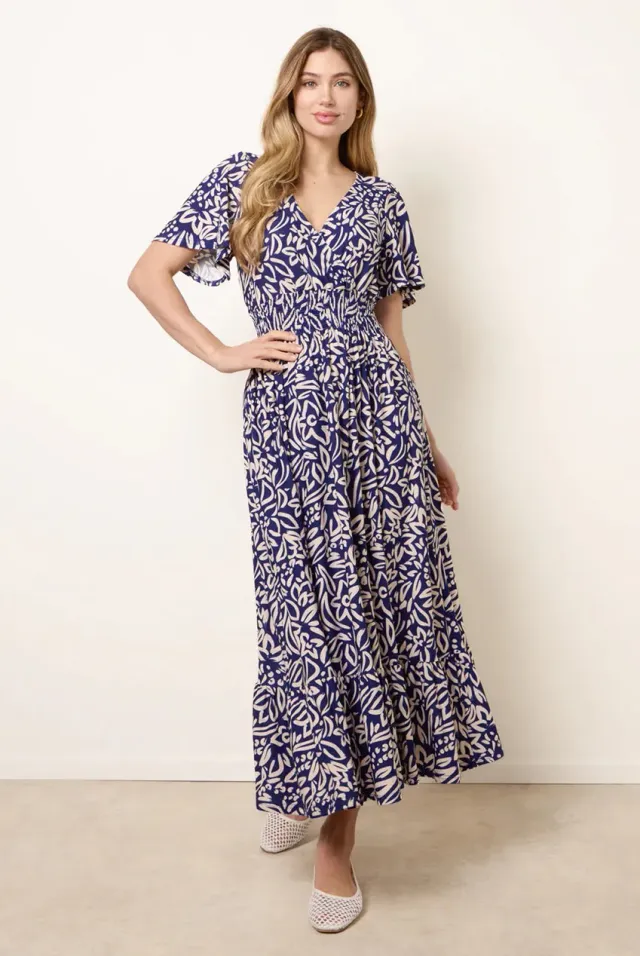 Blue Vanilla abito midi fantasia blu M scollo V