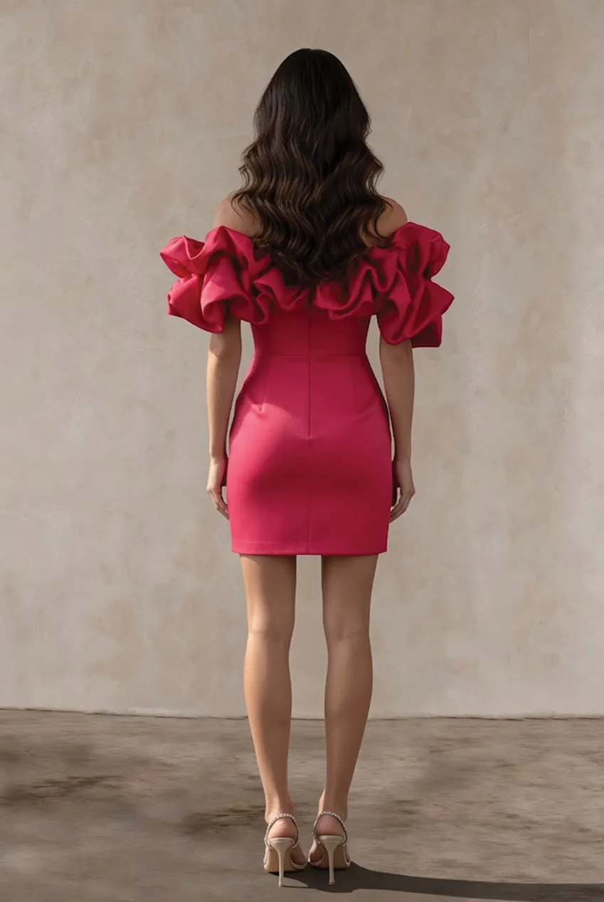 Chi Chi London Ruffle Bardot abito mini rosa raso