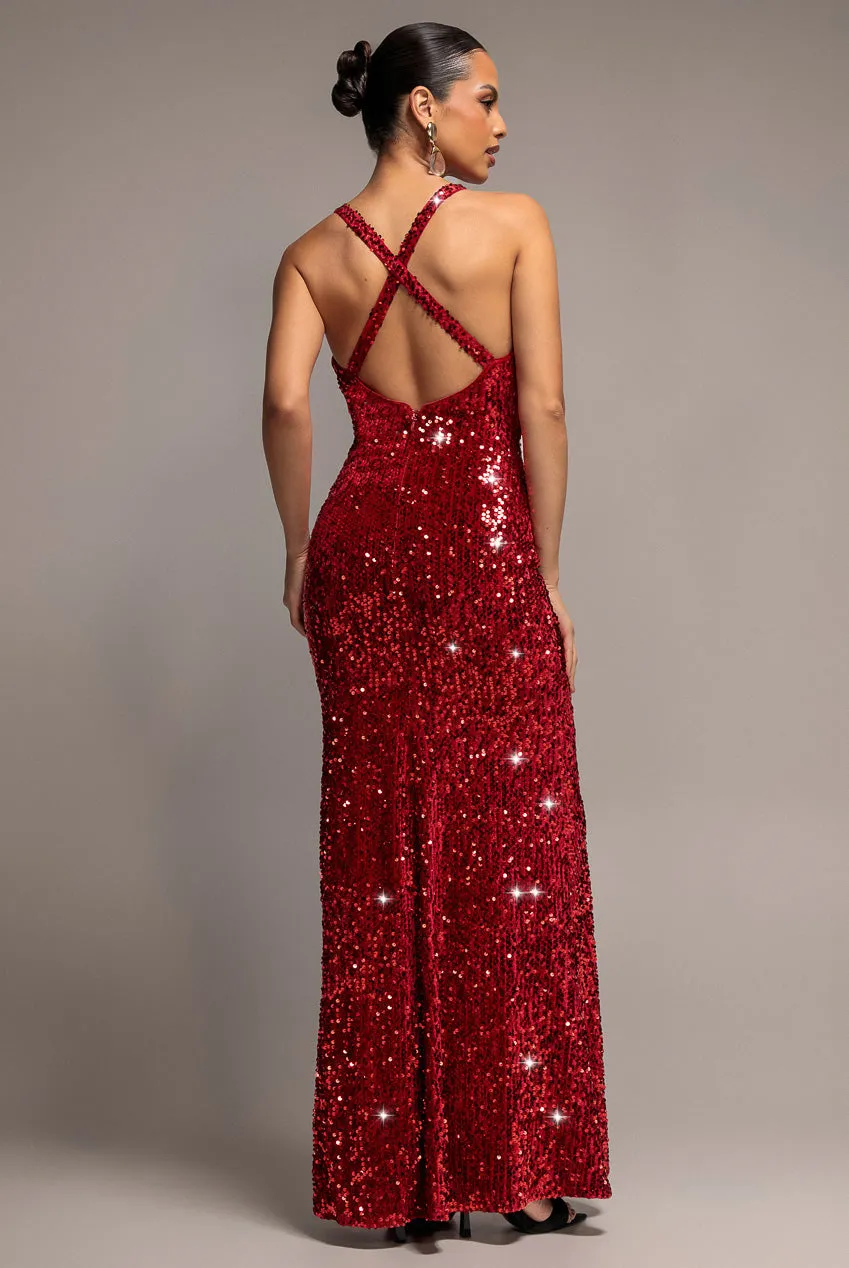 Goddiva Sequin Velvet Abito Lungo Rosso Scollo V