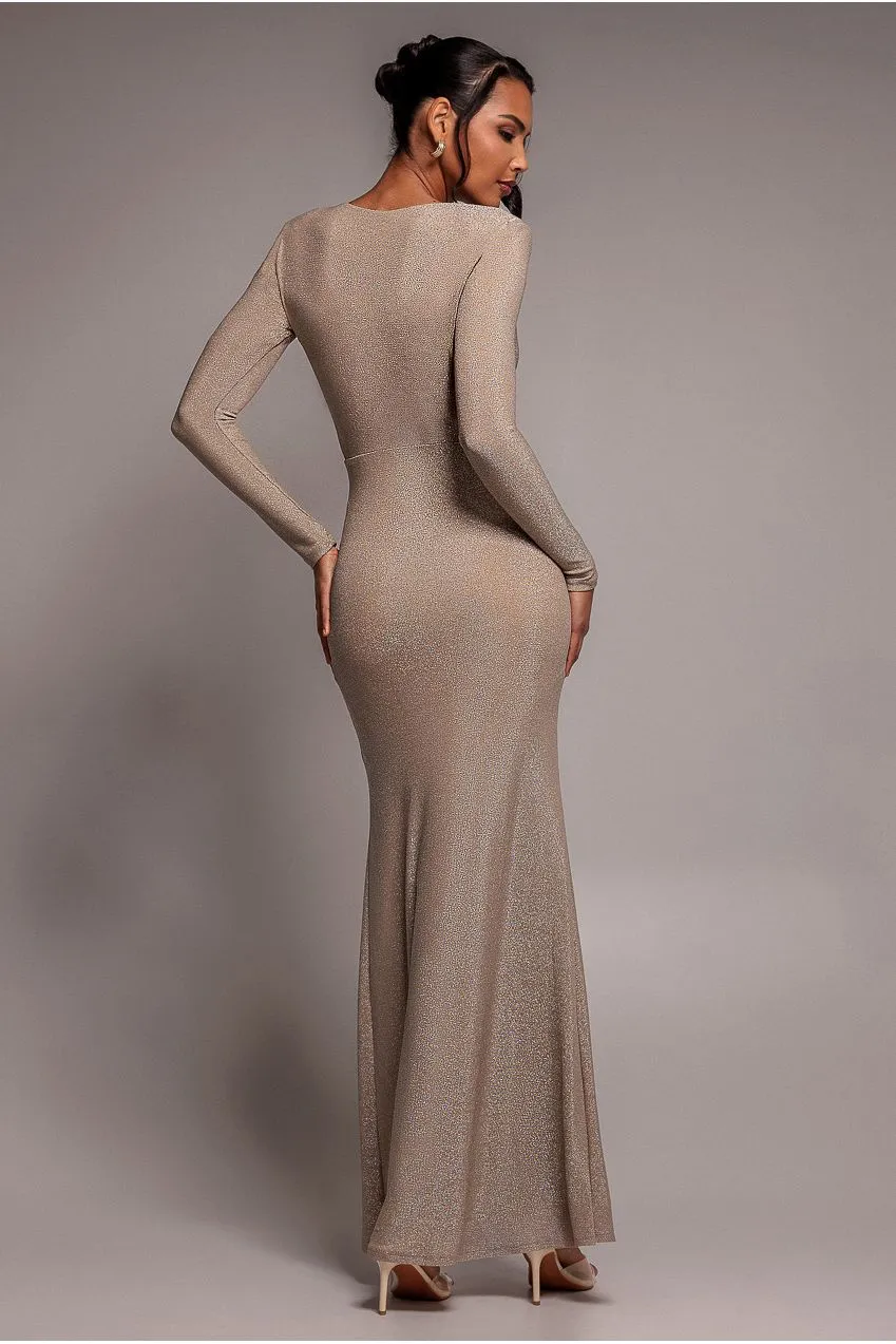 Goddiva Lurex abito maxi nude scollo profondo spacco