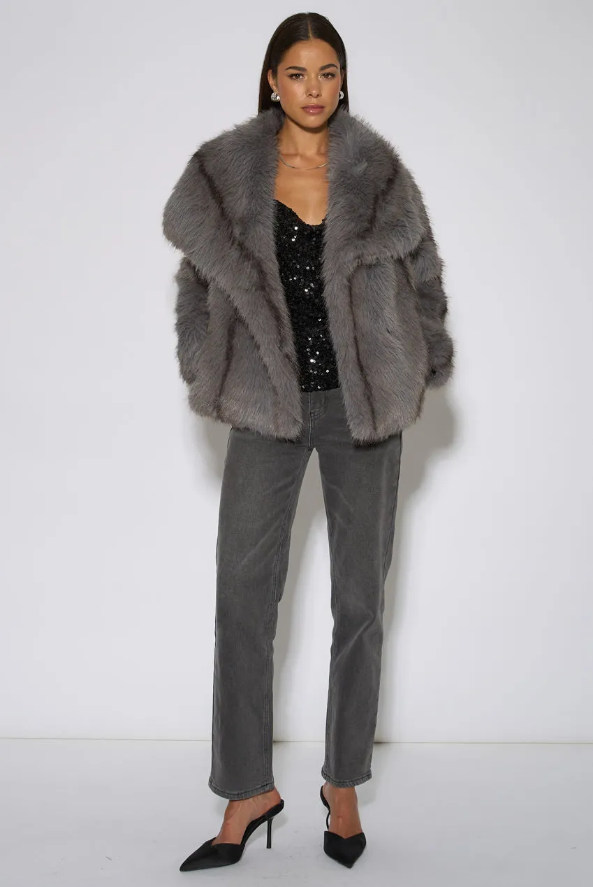 Gini London Grey Ombre Lapel giacca pelliccia grigia