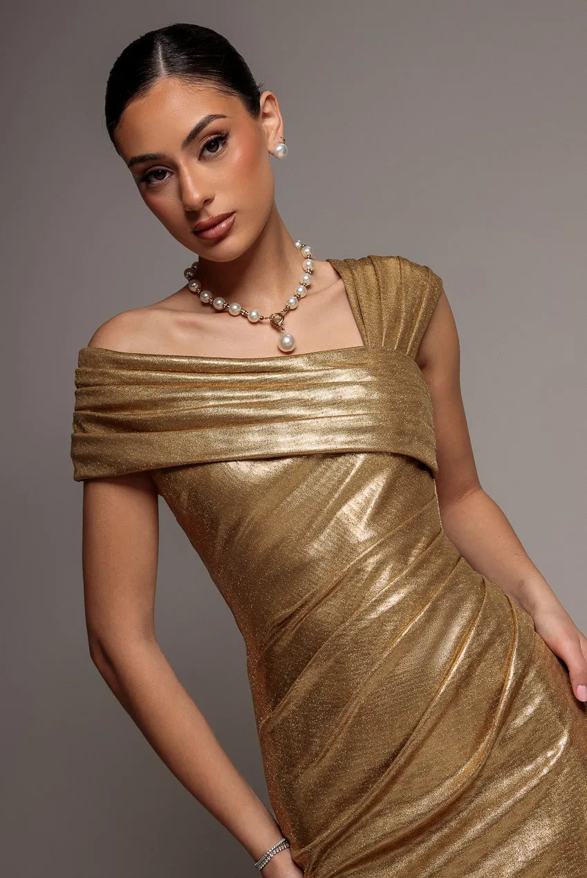 Goddiva One Shoulder Foil Scuba Abito Maxi Oro