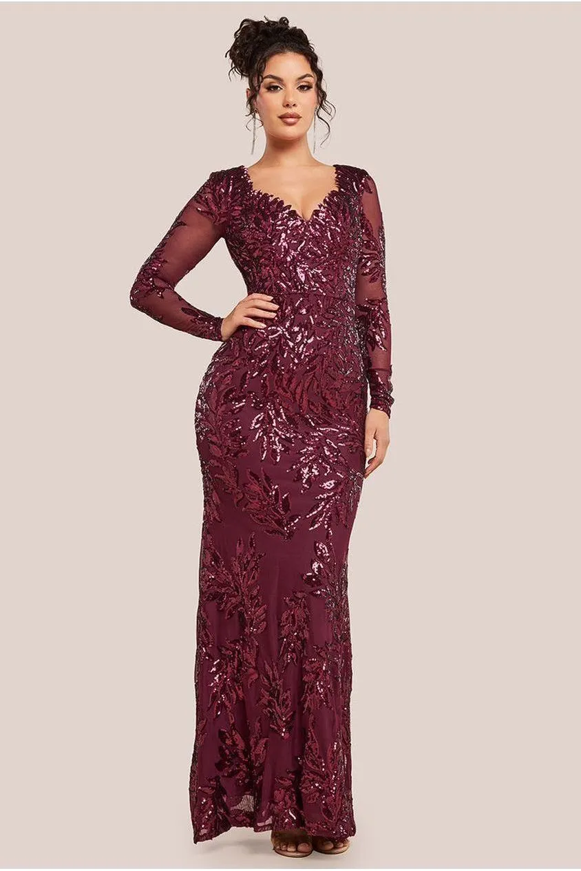 Goddiva Sequin Leaf abito maxi bordeaux maniche lunghe elegante