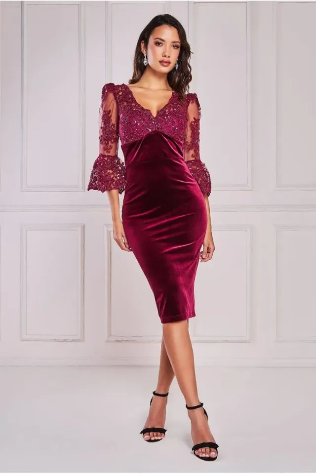 Goddiva Scalloped Lace abito midi bordeaux velluto e pizzo