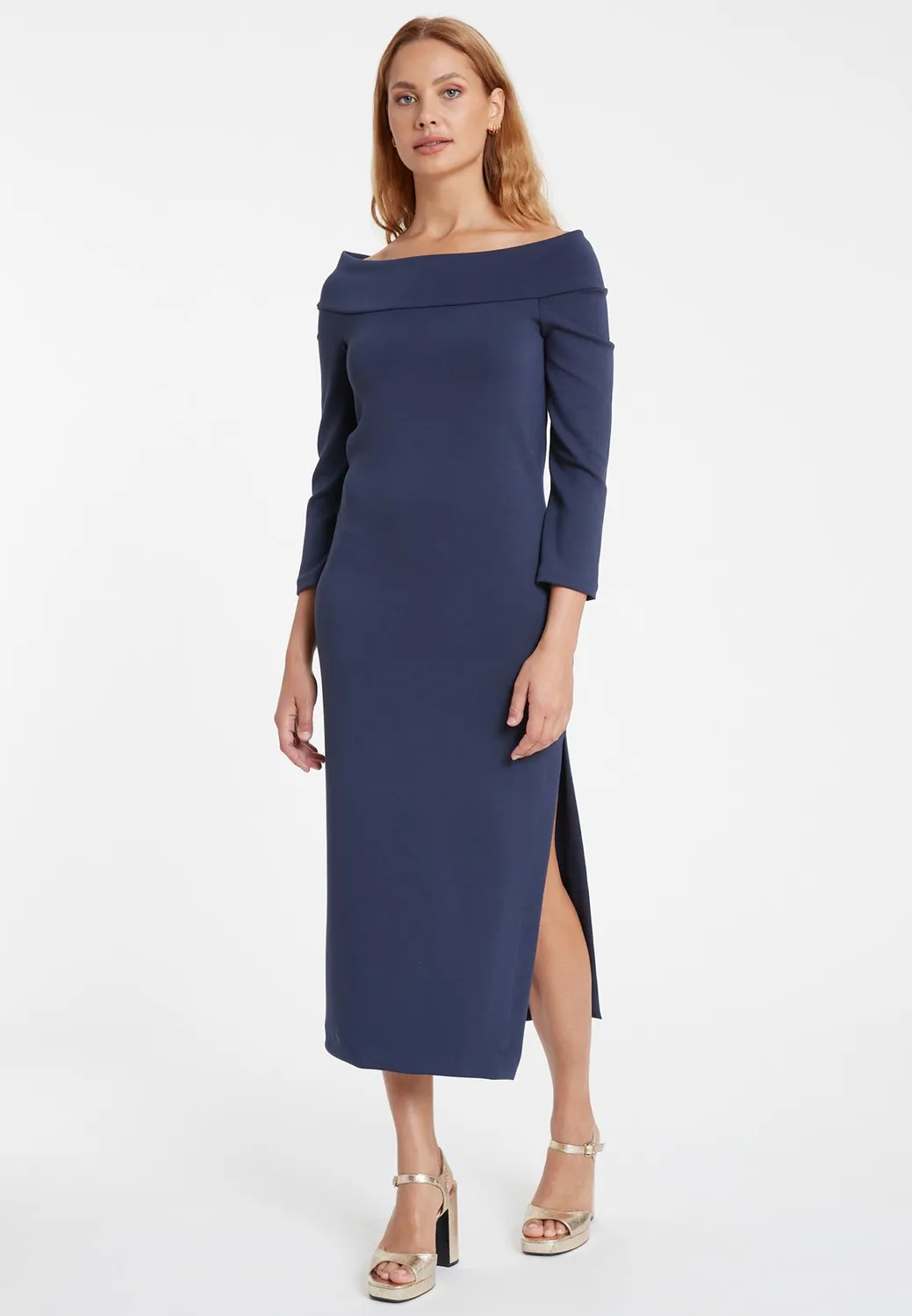 Ana Alcazar Sebina abito midi jersey blu scollo Carmen