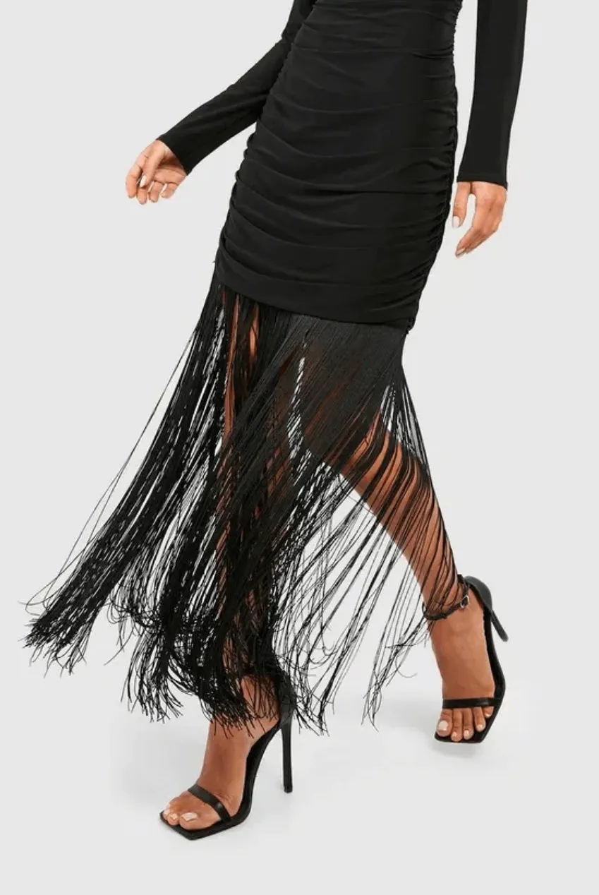 Avinci Abito Midi Bodycon Nero Frange Jersey 8