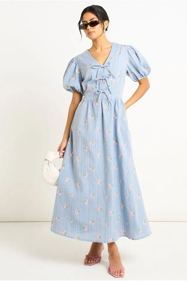 Gini London abito midi cotone azzurro maniche sbuffo