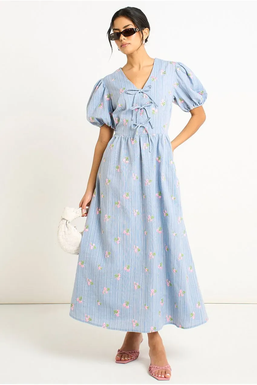 Gini London abito midi cotone azzurro maniche sbuffo